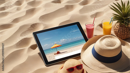 A journey of adventure and exploration with unforgettable travel destinations plan your dream vacation today. Relaxing Vacation Scene on a Beach with Tablet, Colorful Drinks, Straw Hat, Sunglasses,