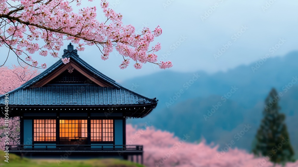 Tranquil Japanese Pavilion Surrounded by Cherry Blossom Trees Tranquil Japanese Pavilion Surrounded by Cherry Blossom Trees
