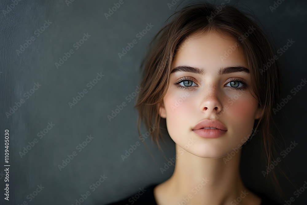 Serene Brunette Girl Natural Light Portrait, Neutral Background Serene Brunette Girl Natural Light Portrait, Neutral Background