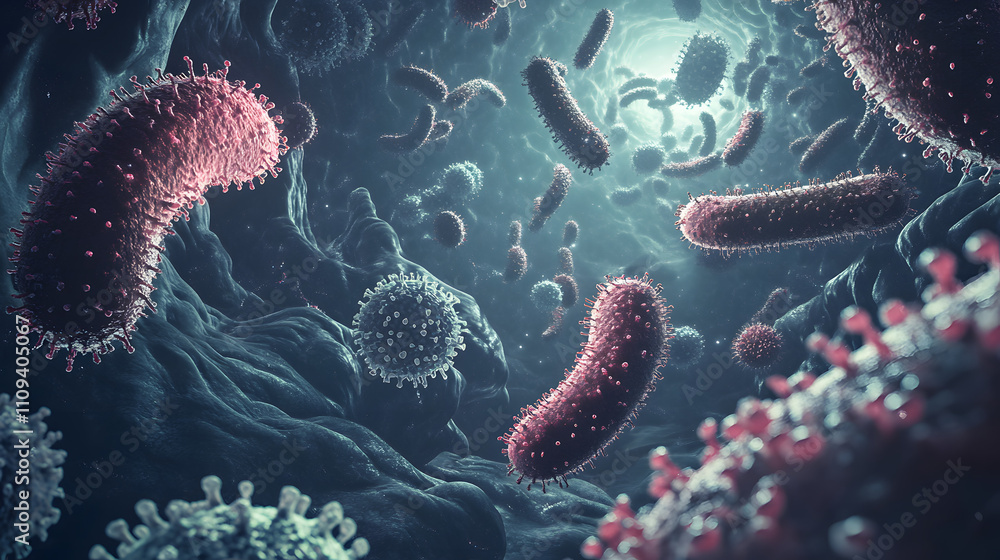 Obraz premium An Artistic Representation of Mysophobia Featuring Grotesque Germs and an Unsettling Atmosphere