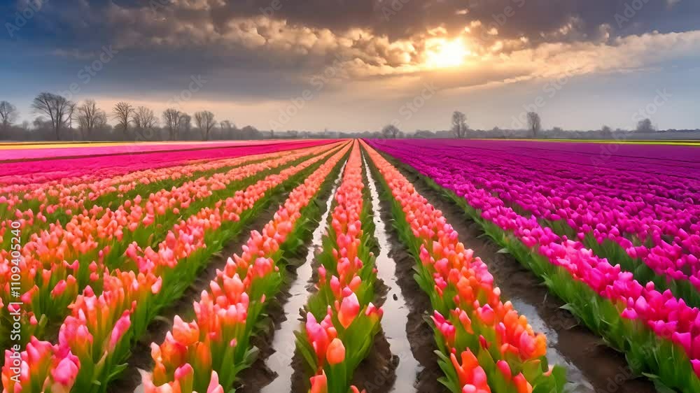 Field of tulips under cloudy sky with a hint of sunlight Field of tulips under cloudy sky with a hint of sunlight
