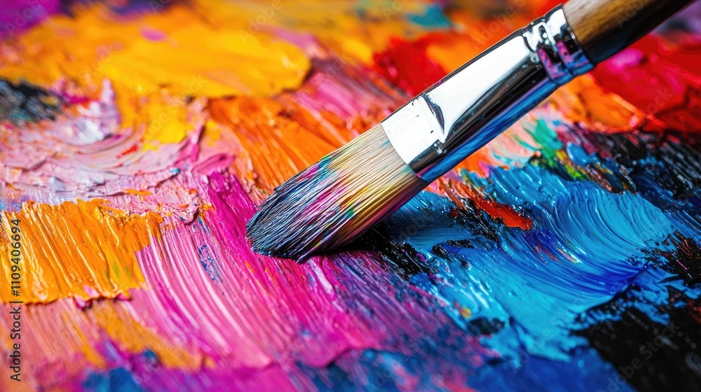 Fototapeta premium A close-up of a paintbrush mixing vibrant colors on a palette.