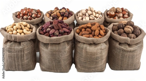 Top view of assorted nut bags on a clean white background for fresh snacks and delights photo