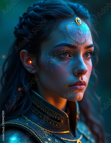 a female warrior with smooth facial features living in the future in the year 2351, blue yellow green purple colors, lights and lights and sparkles, mysticism, karma philosophy photo