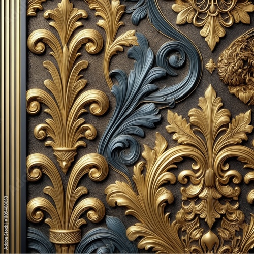 : Embossed Baroque Texture with Gold and Blue Metallic Details