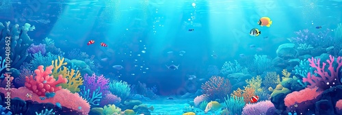 underwater coral reef landscape super wide banner background in the deep blue ocean with colorful fish and marine life.