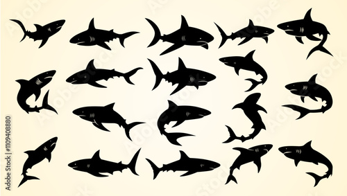 Silhouettes of sharks in various dynamic poses, showcasing their power and aquatic elegance.