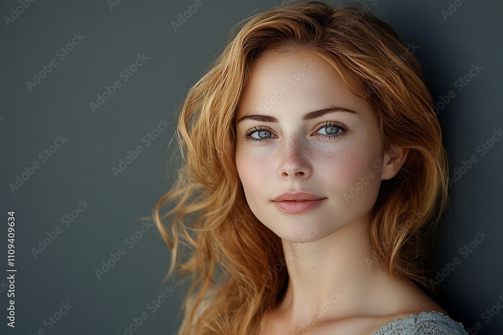 Serene Redhead Model Long Wavy Hair, Soft Lighting Serene Redhead Model Long Wavy Hair, Soft Lighting