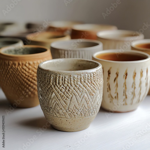 Handmolded clay cups with textured winter knit patterns, glazed in warm neutral tones photo