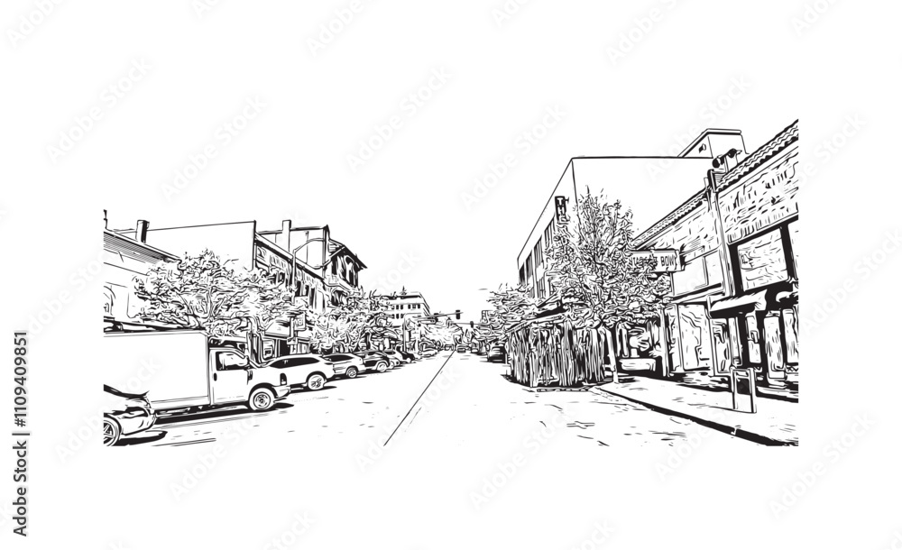Print Building view with landmark of Vancouver is the city in USA. Hand drawn sketch illustration in vector.