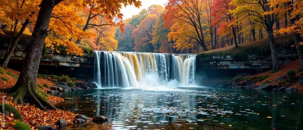 Obraz premium Autumn Huron River Waterfall Ann Arbor Foliage Scenic Landscape AI Art