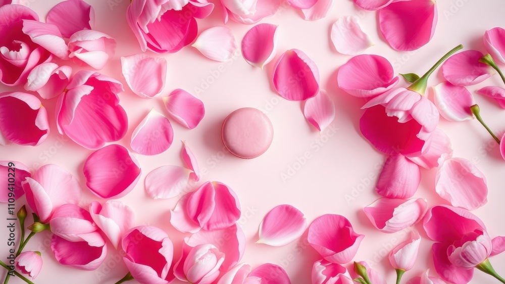 A Delicate Pink Macaron Nestled Among Soft Rose Petals on a Gentle Pink Background A Delicate Pink Macaron Nestled Among Soft Rose Petals on a Gentle Pink Background