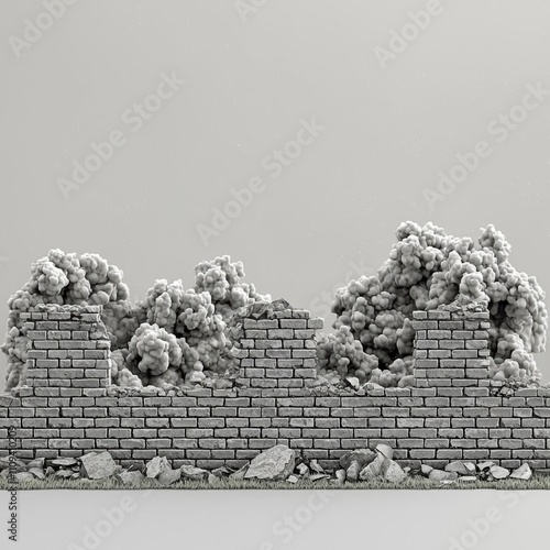 3d render, 3d illustration, explosion, cracked brick wall, bulle , isolated on white background,  , copy space, copy space for text, photo