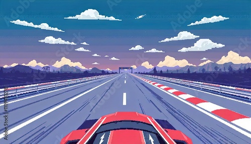 Wallpaper Mural Racing car on a coastal road at sunset with colorful clouds in the sky in pixel art style Torontodigital.ca