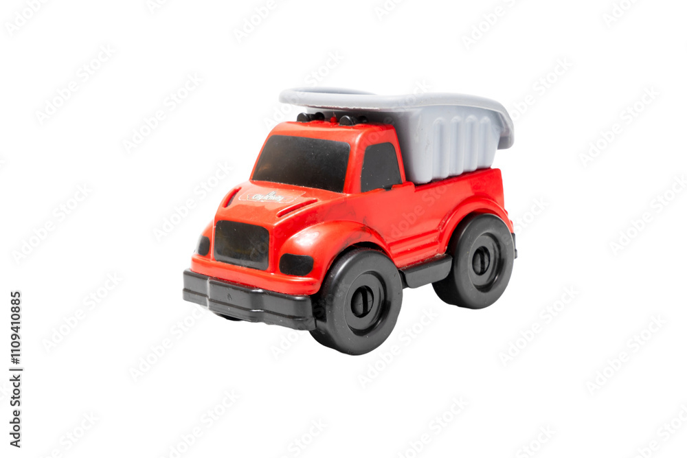 red plastic children's toy truck on transparent background . png