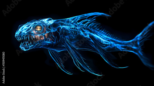 Deep sea horror: a glowing abyssal creature in the dark ocean depths. Abyssal. Illustration