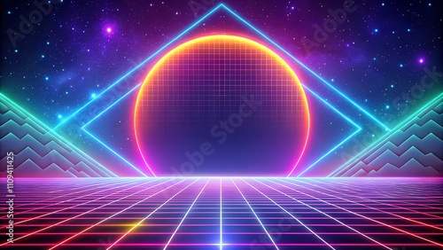 Retro background futuristic landscape 1980s style. Vector perspective grid. 80s sci-fi or game style. Retro neon background
