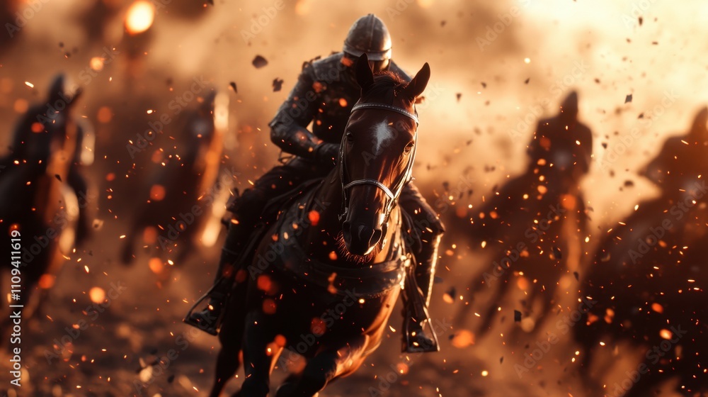 Fototapeta premium A group of mounted knights, silhouetted against a fiery backdrop, charge into battle