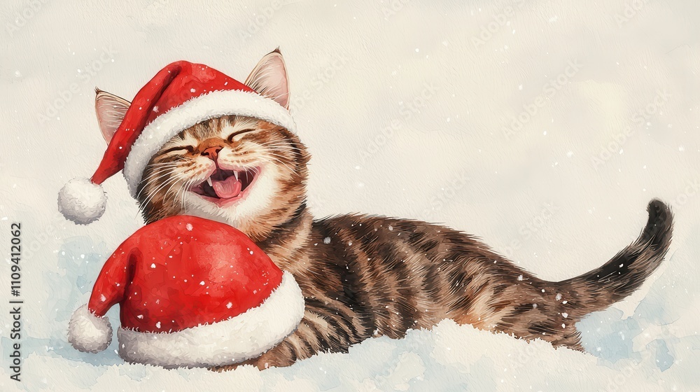 Happy Tabby Cat in Santa Hat with Snowy Background Happy Tabby Cat in Santa Hat with Snowy Background