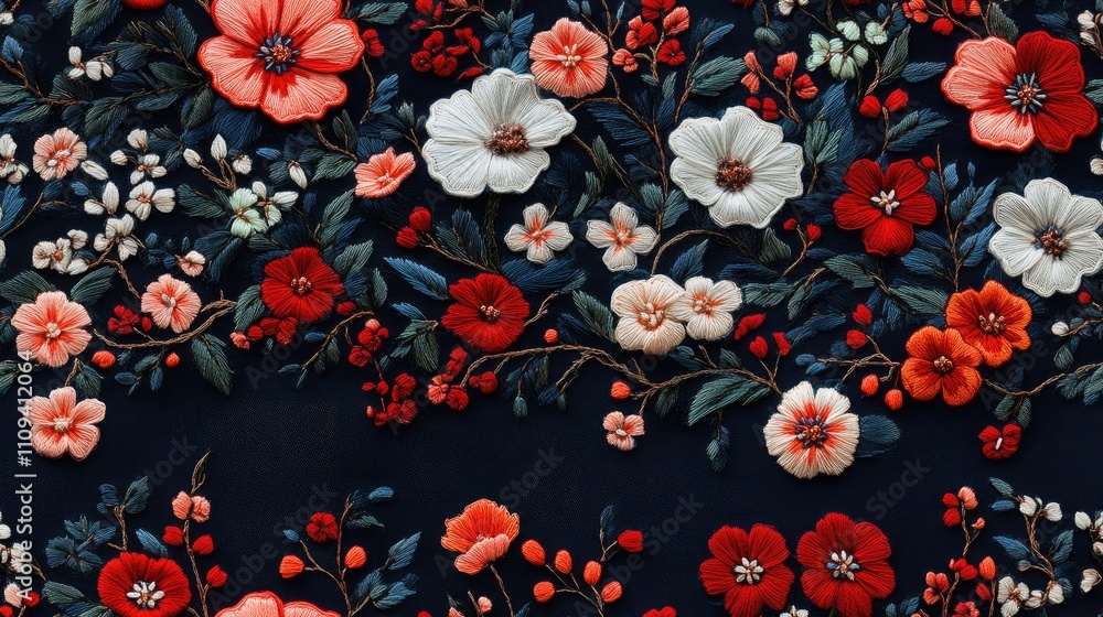 Elegant embroidery pattern featuring intricate flowers on a dark background perfect for fashion products and textile prints Elegant embroidery pattern featuring intricate flowers on a dark background perfect for fashion products and textile prints