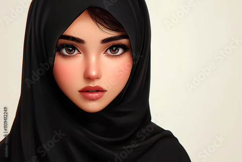 A portrait of a young woman wearing a black hijab, showcasing expressive features and beauty.