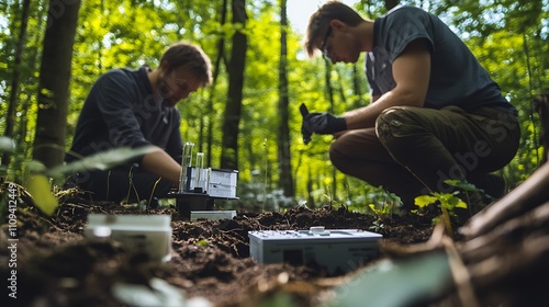 Scientists analyze soil samples in a wooded area for environmental research