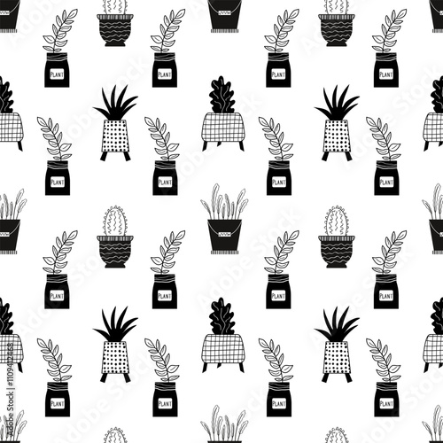 Seamless doodle pattern with the image of domestic plants in pots - cacti, succulents, palm trees. Linear patterns made by hand. Black and white design for fabric, wrapping, stationery, background