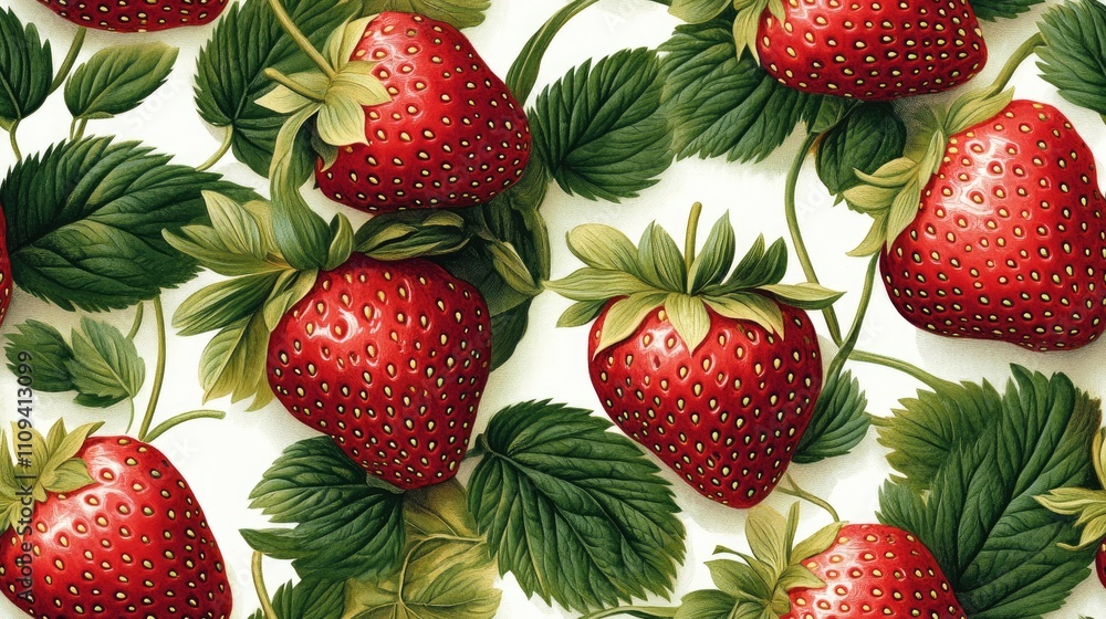 Seamless pattern of vibrant strawberries with lush green leaves against a crisp white backdrop perfect for fabric design and stationery Seamless pattern of vibrant strawberries with lush green leaves against a crisp white backdrop perfect for fabric design and stationery