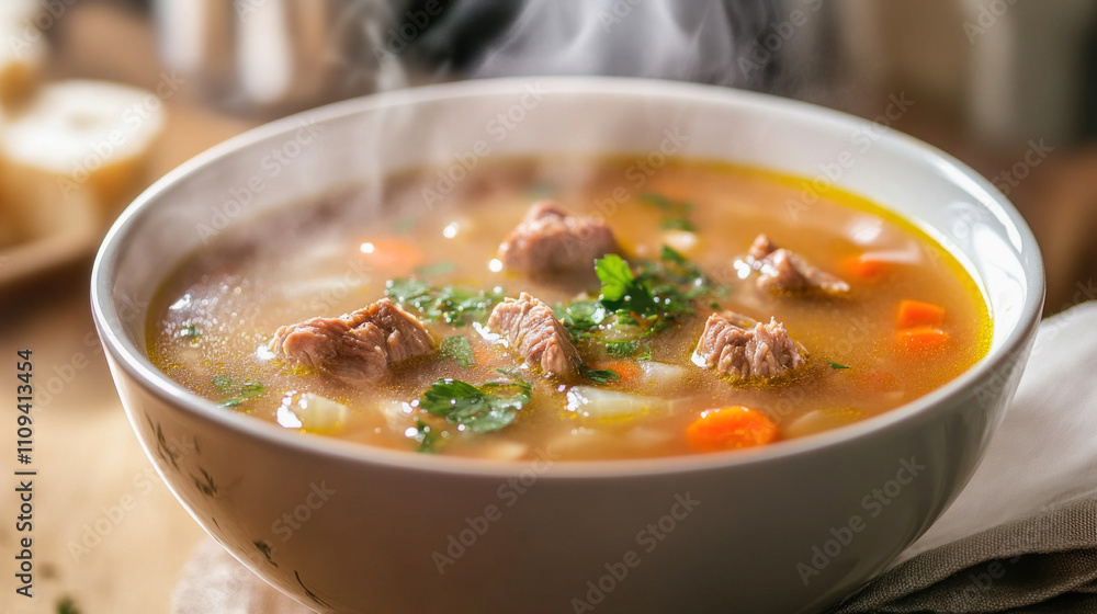 Steaming hot bowl of beef and vegetable soup garnished with fresh parsley Steaming hot bowl of beef and vegetable soup garnished with fresh parsley
