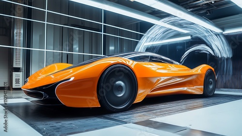 Testing aerodynamics of a new car design in a wind tunnel facility photo