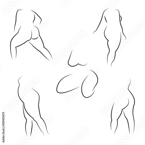 Body positive art. Beautiful curvaceous woman body line art illustration. Abstract nude sensual line art. Vector set