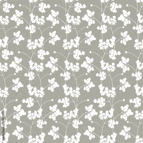 Seamless pattern with plant silhouettes. Decorative vintage pattern in Japanese style with leaves and twigs on a gray background. Print for wallpaper, fabric, packaging, paper, clothes, dishes.