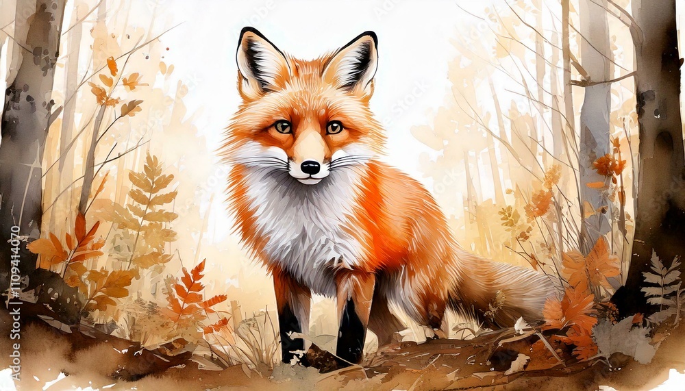 Obraz premium Adorable watercolor illustration of a fox in the woods with soft earthy tones.