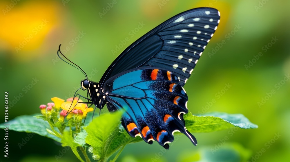 Fototapeta premium Vibrant blue butterfly on flower.