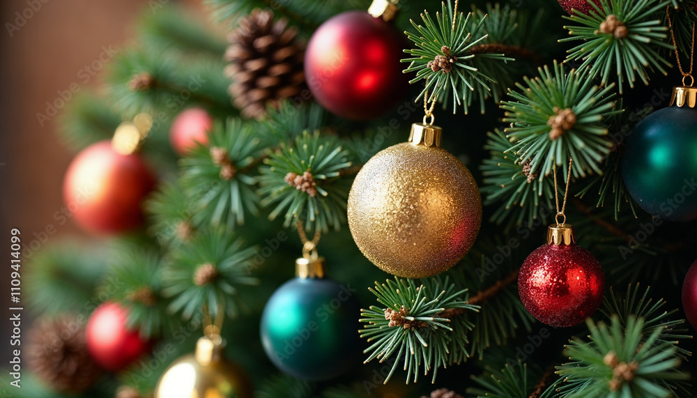 Christmas tree closeup background with fir branches, baubles and cones Christmas tree closeup background with fir branches, baubles and cones