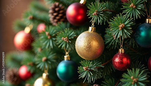 Christmas tree closeup background with fir branches, baubles and cones