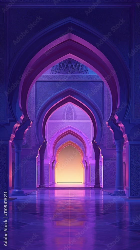 Fototapeta premium Mystical Arched Hallway with Luminous Gradient Purple and Pink Glow