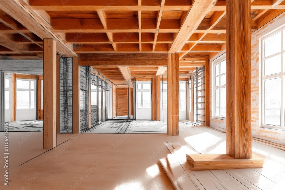 Wooden Frame House Under Construction: Design and Reality - Construction, transformation, architecture, design, home. A blend of blueprint and reality showcases the building process. Wooden Frame House Under Construction: Design and Reality - Construction, transformation, architecture, design, home. A blend of blueprint and reality showcases the building process.