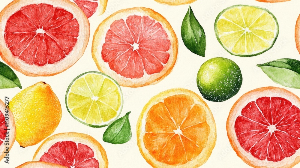 Fototapeta premium Seamless watercolor pattern of citrus fruit slices including lemon grapefruit orange and lime on a light background ideal for textiles and packaging design