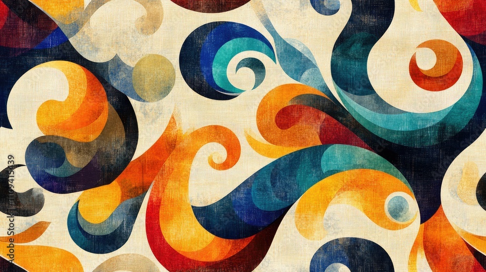 Fototapeta premium Seamless pattern featuring a light brown background adorned with vibrant curved designs ideal for textile and wallpaper applications