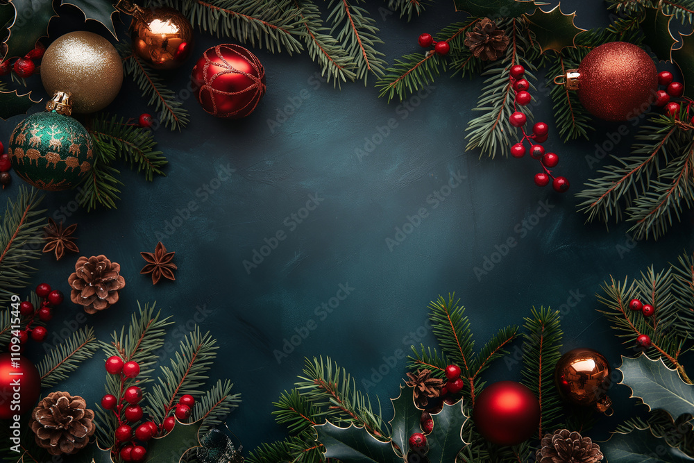 A blue background with a Christmas tree and a bunch of red and gold ornaments