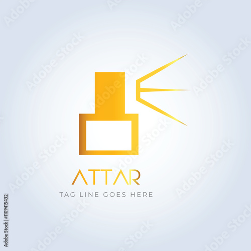 perfume logo, perfume shop, Luxury perfume, line logo, vintage bottle, yellow color, elegant perfume, attar logo, creative logo, spray, silver background