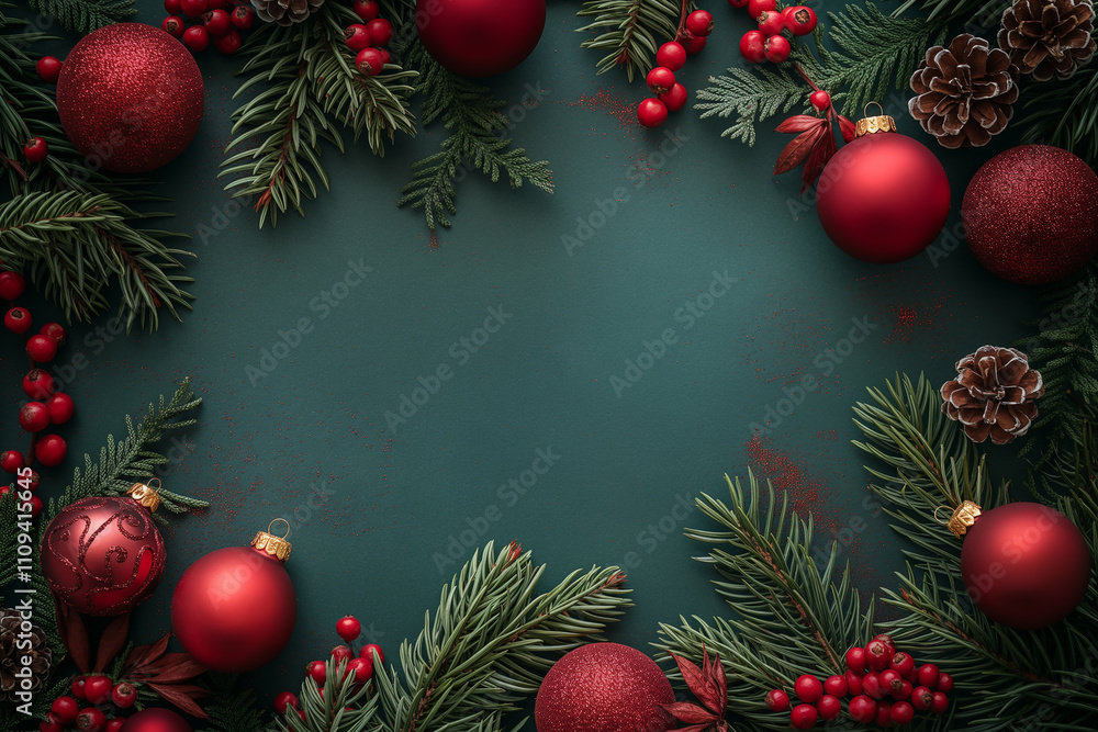 A green background with red and white Christmas decorations A green background with red and white Christmas decorations
