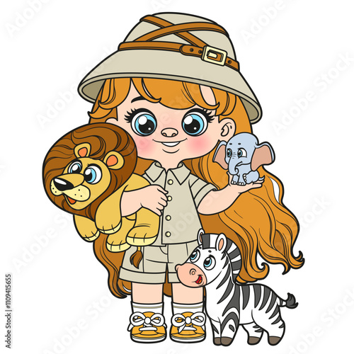 Cute cartoon girl in a pith helmet and with toys of African animals, an elephant, zebra and lion