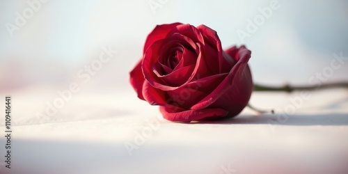 A Single Red Rose Resting on a White Surface, Soft Light Illuminating its Delicate Petals