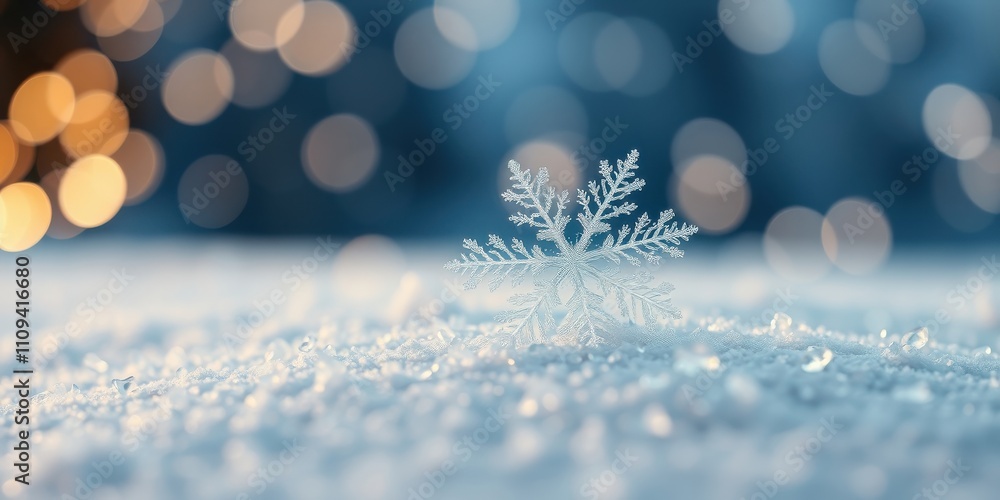 A delicate snowflake rests on a bed of glistening snow, illuminated by a soft glow of out-of-focus lights. A delicate snowflake rests on a bed of glistening snow, illuminated by a soft glow of out-of-focus lights.
