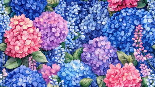 Wallpaper Mural Vibrant seamless watercolor pattern featuring hydrangeas roses muscari and wisteria ideal for textile design and floral themed projects Torontodigital.ca