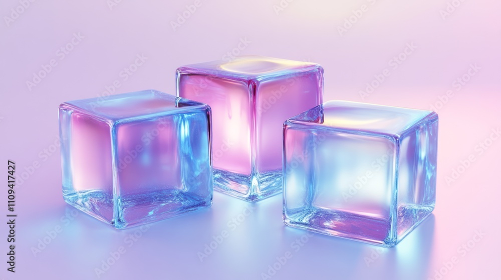 Three iridescent ice cubes on pastel background. Three iridescent ice cubes on pastel background.