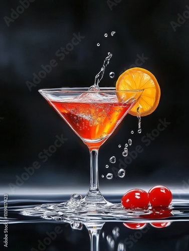 Wallpaper Mural Refreshing Cocktail Splash - Vibrant cocktail, ice cubes, orange slice, cherries, water splash; symbolizing refreshment, luxury, celebration, summer, and indulgence. Torontodigital.ca