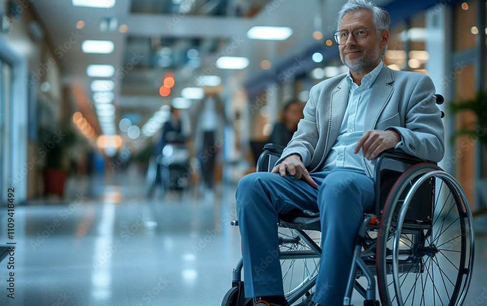 Fototapeta premium Man in wheelchair inside building. Generative AI